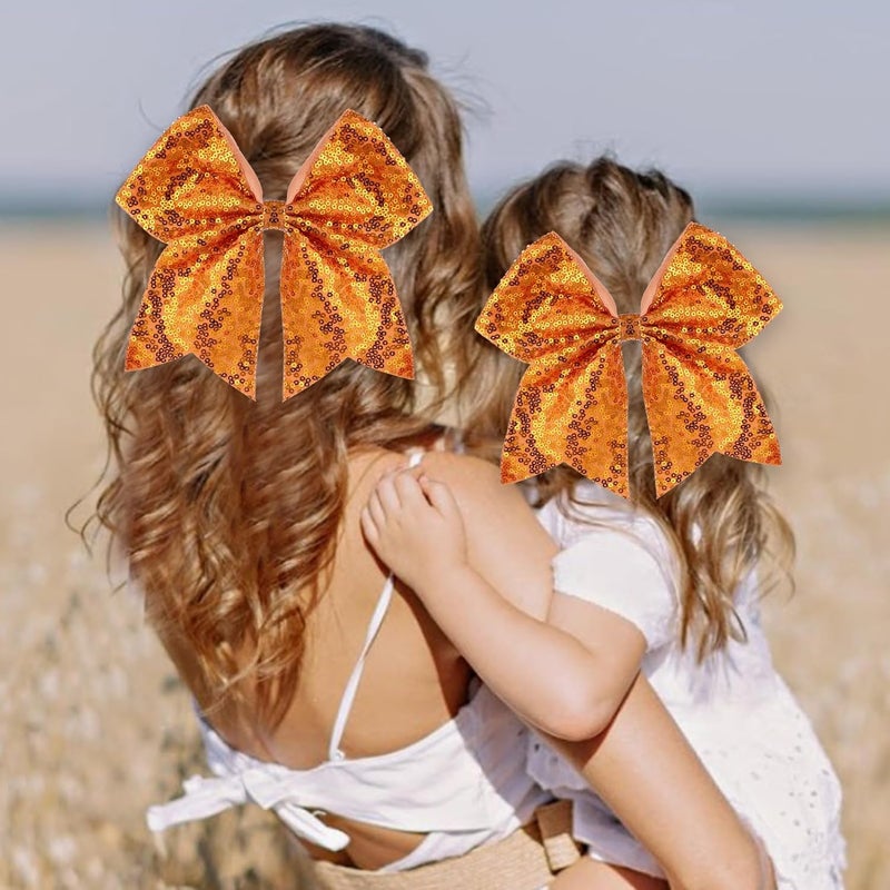 Zolyco Large Glitter Cheer Bows Clips, Jumbo Big 7 Inch Cheerleading Sequin Hair Bow Hair Accessories for Teens Girls Football Sports Cheerleader Outfit Uniform (Bright Orange) - Image 3